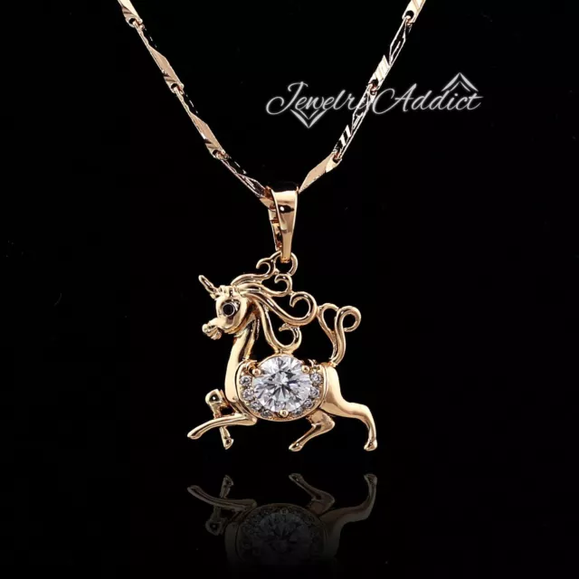 18K Rose Gold Gf Unicorn Fancy Crystal Little Pony Womens Kids Pendant Necklace