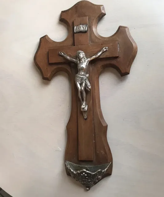 ANTIQUE FRENCH HOLY Water Font Wood Crucifix 1800s Wall Plaque 12 ...