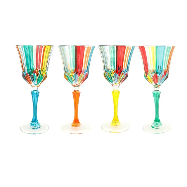 Set Four Murano Vin Verres Multi Bleu Rouge Orange Tige Main Peint Venise