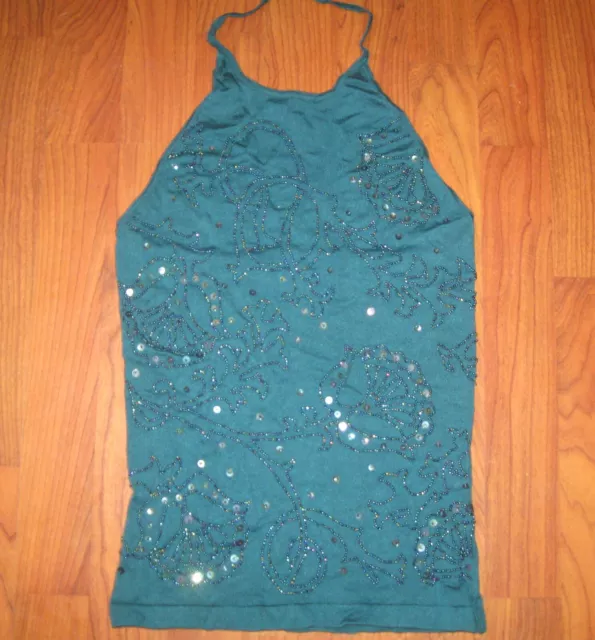 VINTAGE Y2K TEMPESTA GRUPPO AMERICANO Beaded Silk Teal Halter Top S Festival