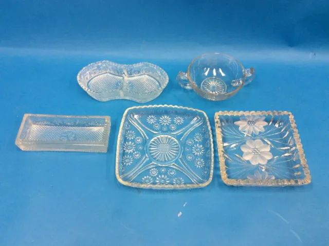 Mixed Vintage Lot Used Clear Pressed Glass Serving Trays Etched Floral Dishes