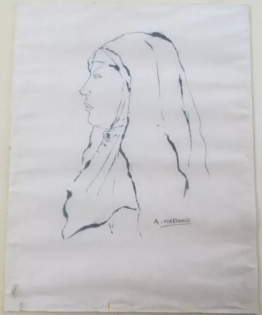 1960 Angelo Marinucci Disegno Inchiostro Di China Ritratto Suora Roma