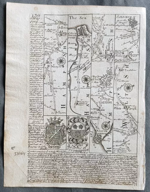 1720 Emmanuel Bowen Antique British Road Map - Bagshot Surrey to Alresford Hamps 2