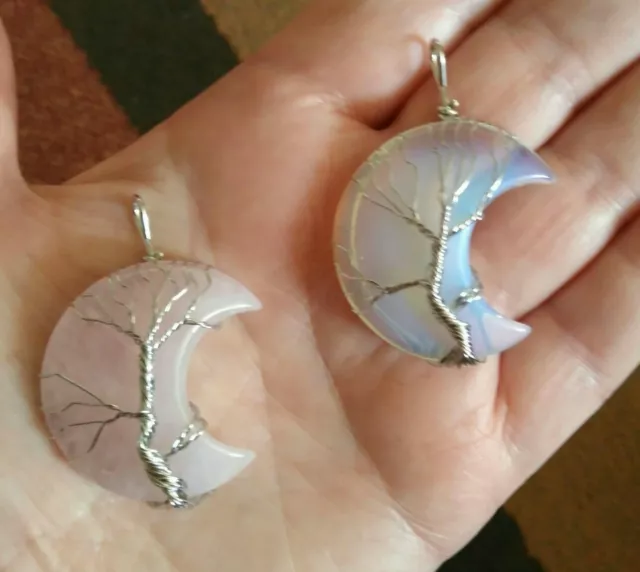 Crystal Rose Quartz or Opalite Wire Wrapped Moon Tree of Life Pendant Reiki UK