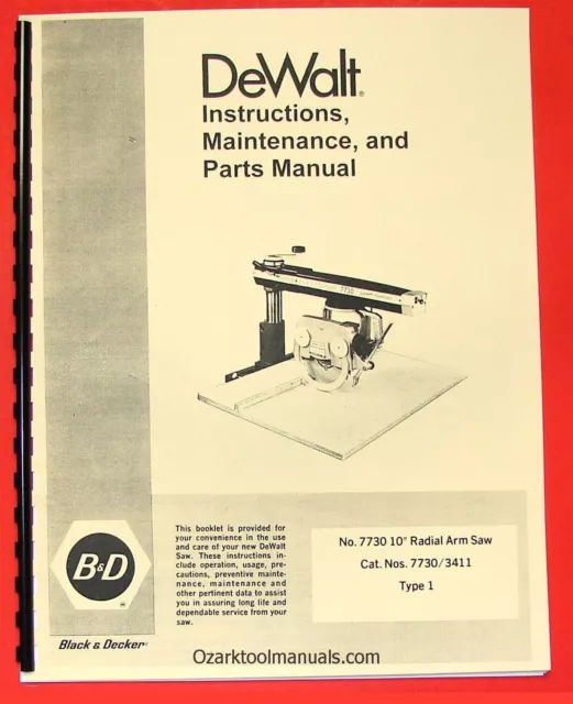 DEWALT PowerShop 7730 10" Radial Arm Saw Owner Instruction & Parts Manual 0256