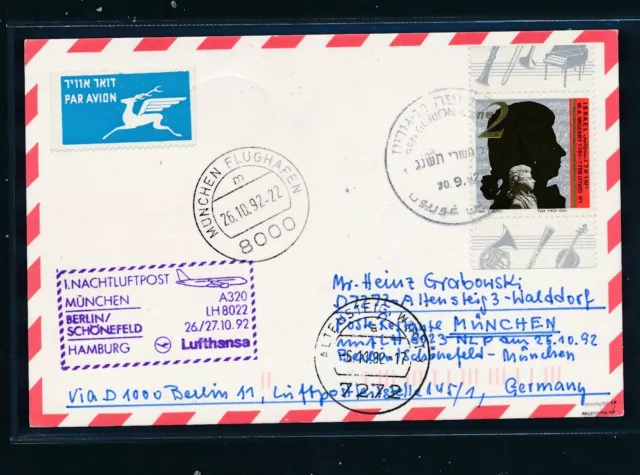 58299) LH 1.Nacht-LP Múnich - Berlín 26.10.92 alimentador de tarjetas correo Israel Mozart