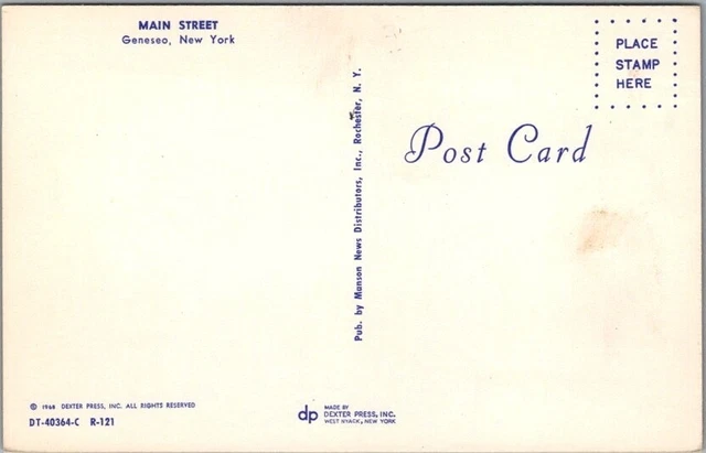 Vintage 1960s GENESEO, New York Postcard "MAIN STREET" Downtown / Dexter Chrome 2