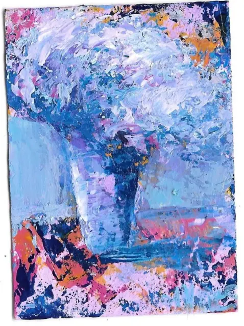 BLUE FLORAL Original Abstract Flowers Knife Painting ACEO 2.5x3.5in ART mini SFA