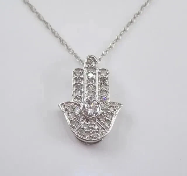 1.70Ct Round Cut Moissanite Hamsa Hand Pendant 14K White Gold Plated 18"Chain