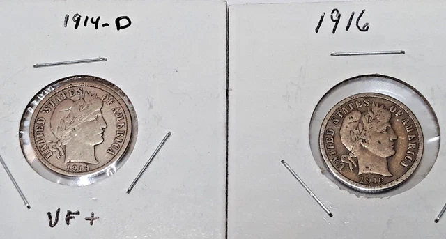 Barber Dimes - LOT OF 2 - 1914-D and 1916 - Fine (F) Condition