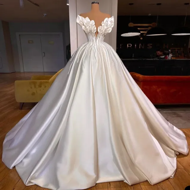 A Line V Neck Satin Wedding Dresses Sleeveless Pearls Beaded Bridal Gown Train