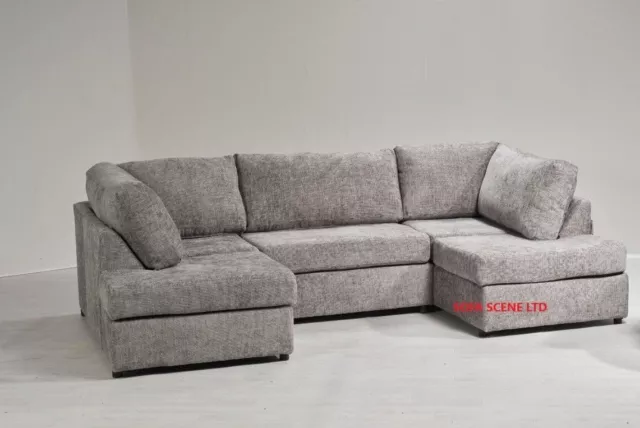 EXCLUSIVE U Shape Kensington Corner Sofa Suite Set High back Grey Brown Chenille