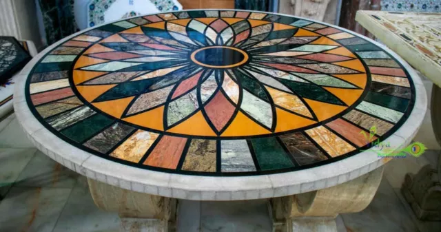 36" Black Marble Table Top Round Dining Table Multi Stone Inlay Art Home Decor