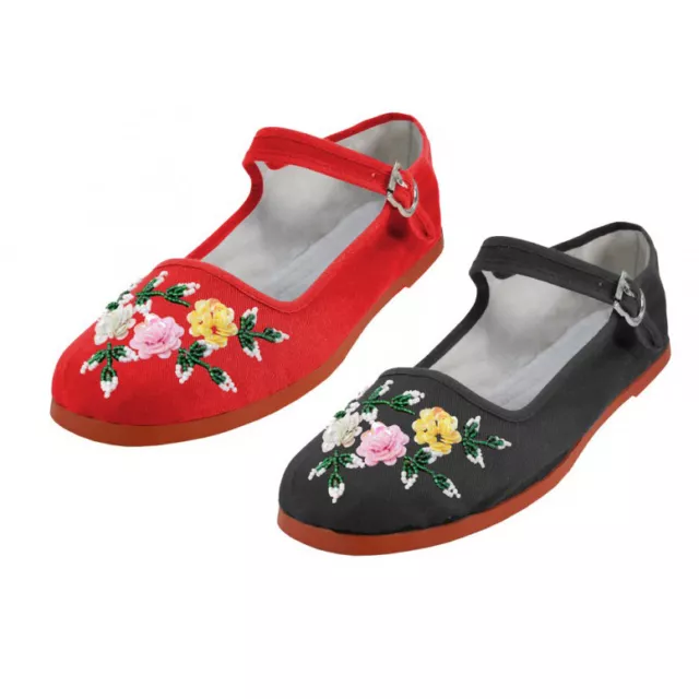 Women's Chinese Mary Jane Floral Sequin Cotton Shoes Slippers Red & Black 5-11