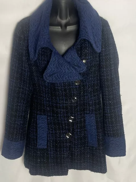 BKE Womens Button Up Lined Jacket Size Small Pea Coat Blue/Black/Silver Pockets