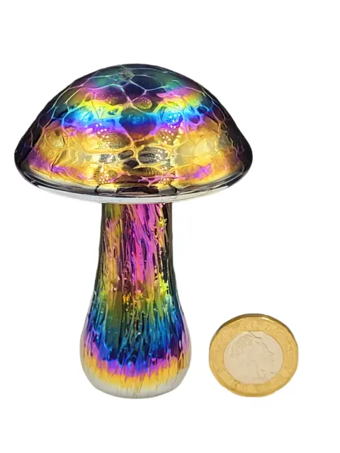 Neo Art Glass handmade rainbow iridescent mushroom ornament with felt pad base