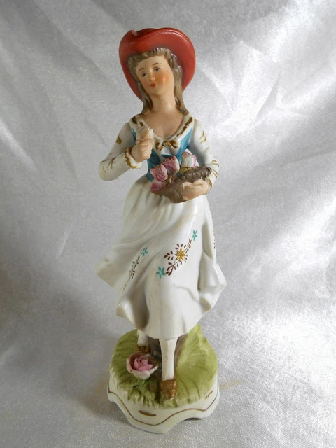 Figurine En Biscuit Jeune Femme Au Panier De Roses Porcelaine Allemande