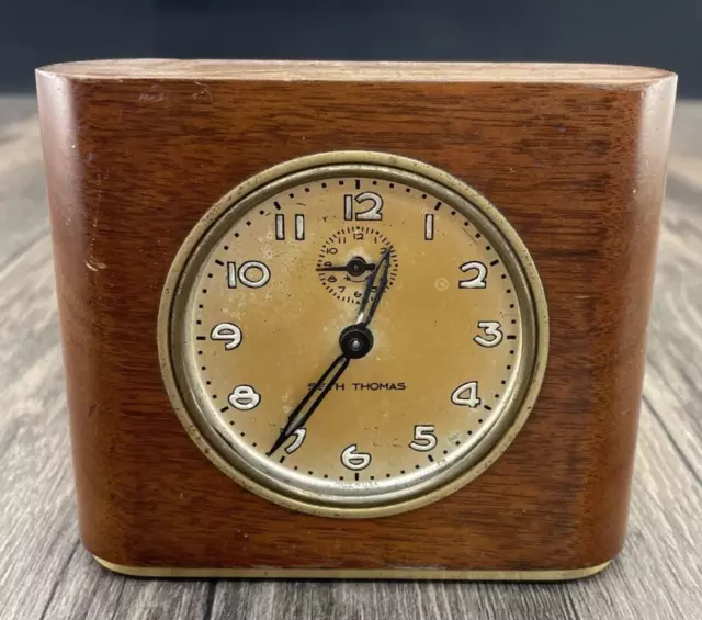 Vintage Seth Thomas Alarm Wooden Mantel Desk Clock Deft 3 Art Deco Gold Face