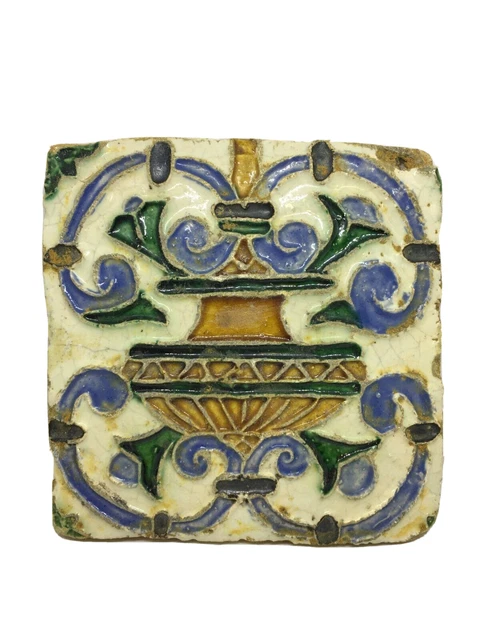 Antique Portuguese Tile Relief Vase Green Yellow Blue Glaze 17th 18th Century ??