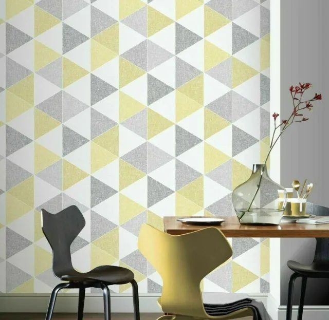 Linen Effect Wallpaper Scandi Triangle Yellow Grey Retro Geometric Arthouse