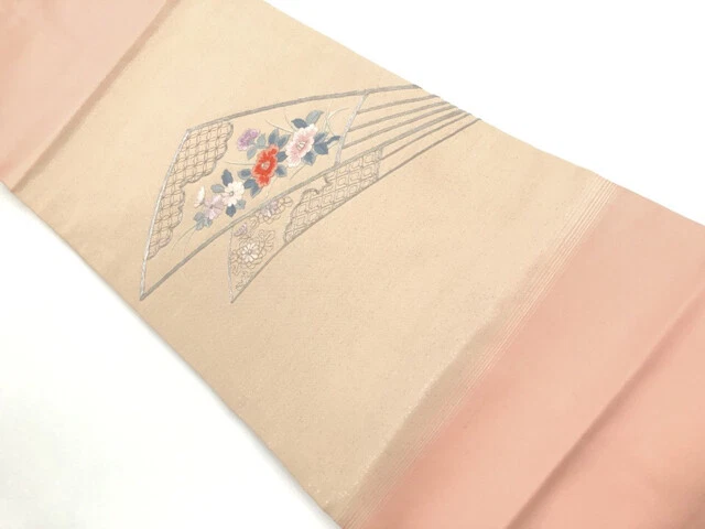 40018# Japanese Kimono / Vintage Nagoya Obi / Embroidery / Floral Fan Pattern