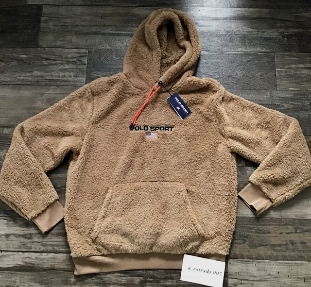 NWT Polo Sport Ralph Lauren Sherpa Fleece Hoodie Pullover Khaki Red Rocks Medium