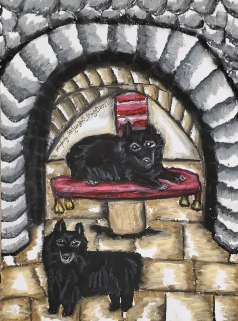 Schipperke in a Crypt Original 9x12 Pastel Painting Dog Artist KSams gothic