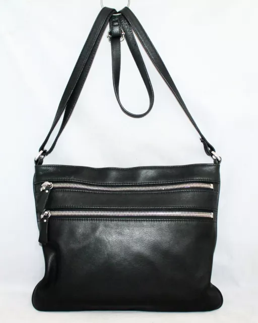 MARGOT Triple Zip Black Leather Crossbody Shoulder Bag
