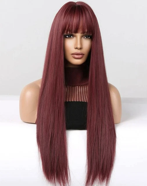 Perruque Synthétique Longue Noire Femme - Avec Frange, Cheveux Lisses - Bonnet Réglable +4 Tailles