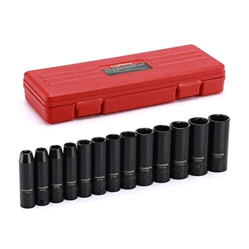 13 Pieces 3/8-Inch Drive Impact Socket Set, 6-Point, Metric, Deep