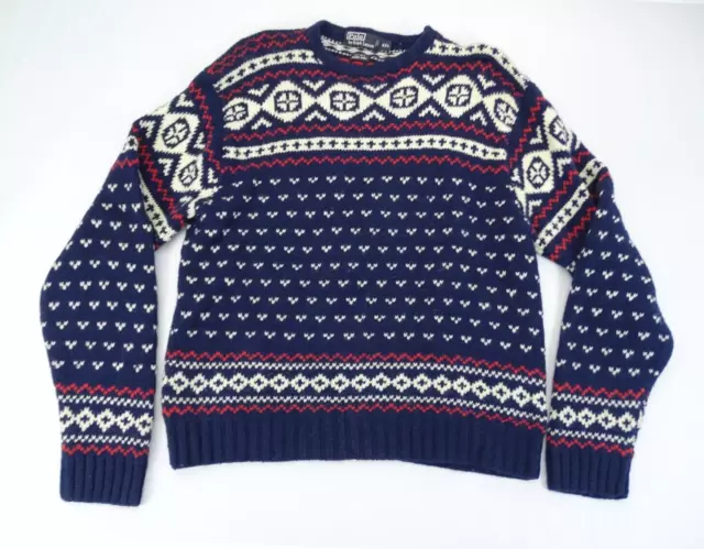 POLO RALPH LAUREN Fair Isle Wool Hand Knit Sweater Mens XXL Blue Crew Neck Ski