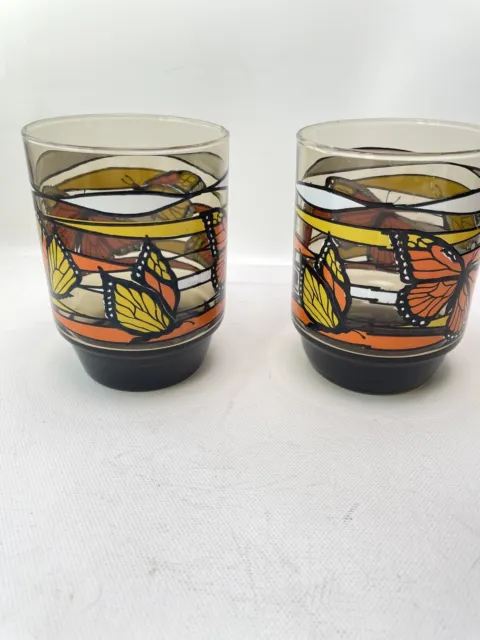Libbey Drinking Glasses 2 Set Monarch Butterfly Yellow Orange Brown White EUC