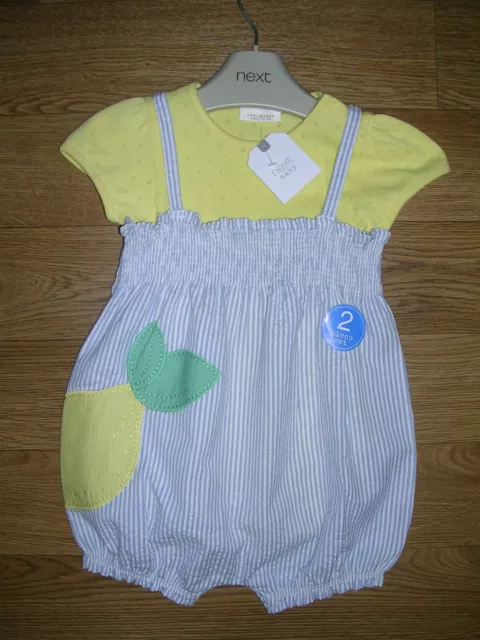 BNWT NEXT Girls Yellow Blue Shirred Cotton Dungarees Top Set Age 0-3 Months NEW