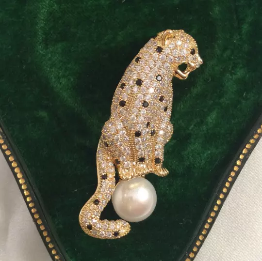 Vintage Jewellery Leopard Panther Gold Brooch Pin Pearl Antique Deco Jewelry