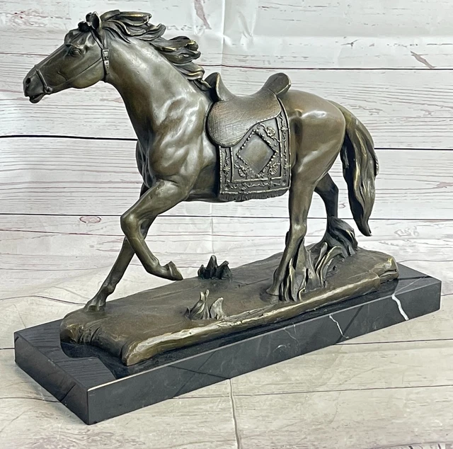 Impresionante Galopante Caballo Estatua En Bronce Sobre Mármol Base Rancho Oeste