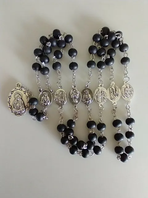 Catholic 7 Seven Sorrows of Mary Rosary Chaplet Silver Tone & Black Wood Beads
