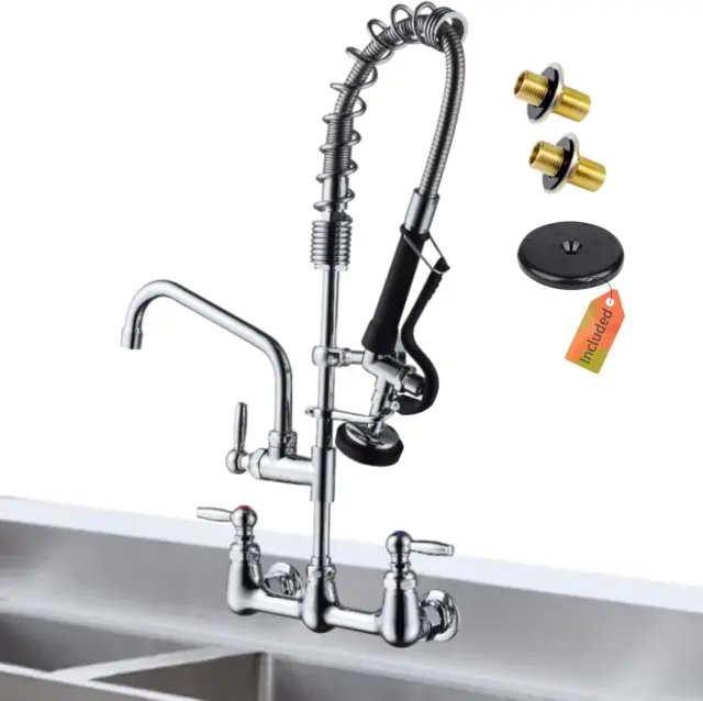 Commercial Sink Faucet with Pre-Rinse Sprayer, Wall Mount 8 Inch Center 26” Heig