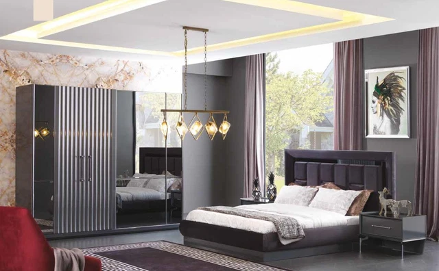 Gris Chambre à Coucher Set Ensemble Lit Table de Chevet Penderie Commode 4tlg