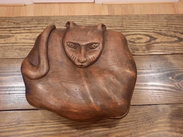 Carved Folk Art Cat Hand Painted Bench Wood Table Plant Stand