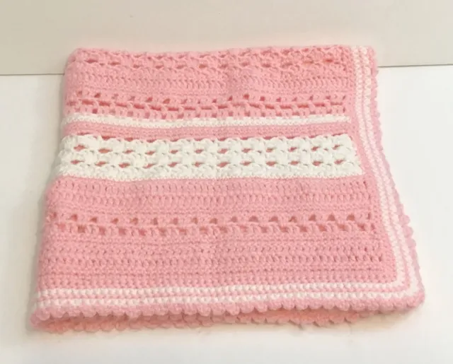 Pink White Hand Crochet Baby Afghan Soft Handmade Blanket Girl Scalloped Edges