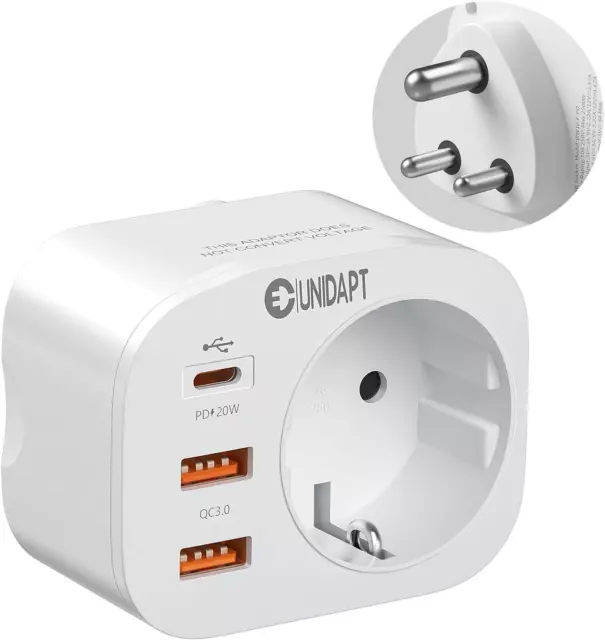 Unidapt Adattatore Da Viaggio 4 in 1 per India Con 3 USB, Adattatore India, Adat