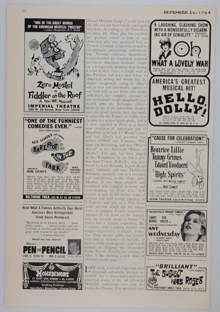 Broadway Shows Fiddler Roof Hello Dolly Barefoot 1964 New Yorker Ad 7.5x11.5"
