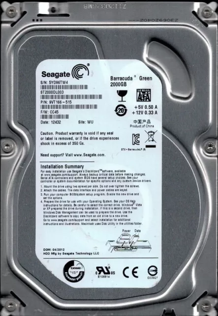 ST2000DL003 P/N: 9VT166-515 F/W: CC45 Wu 4.6m Seagate barracuda Vert 2TB