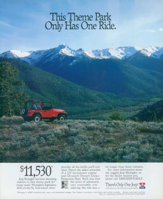 1994 Jeep Wrangler Theme Park Only Has One Ride Mountains Vtg Print Ad P1