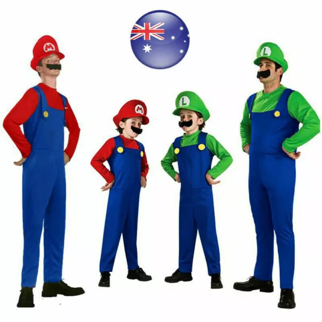 Super Mario Luigi Bros Workmen Adult Kids Fancy Dress Costume Cosplay Party