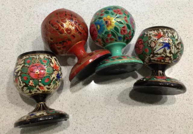 Set of 4 rare vintage Kashmiri hand painted Papier Mache Eggcups