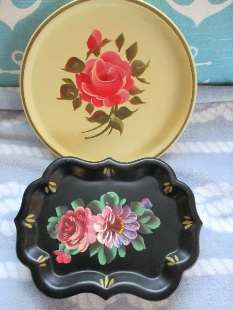 2 Cream Black Vintage Country French Pink Roses Hand Painted Tole Dresser Trays