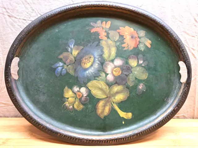 Antique Tole Painted Oval Serving Tray w/ Floral Scene Heavy Steel Aged Patina
