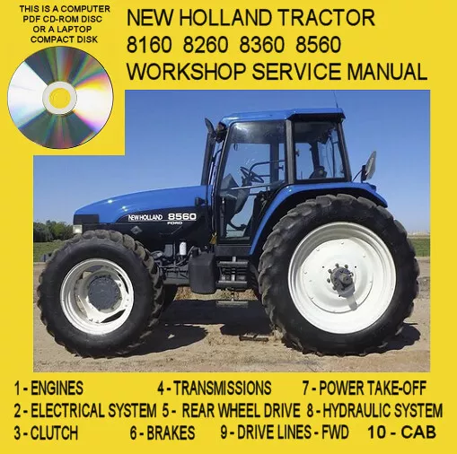 New Holland Tractor 8160 8260 8360 8560 Service Manual Repair Computer PDF CD