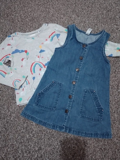 Girls Unicorn Outfit Next Long Sleeve Top & TU Denim Pinafore Dress 4-5 Years